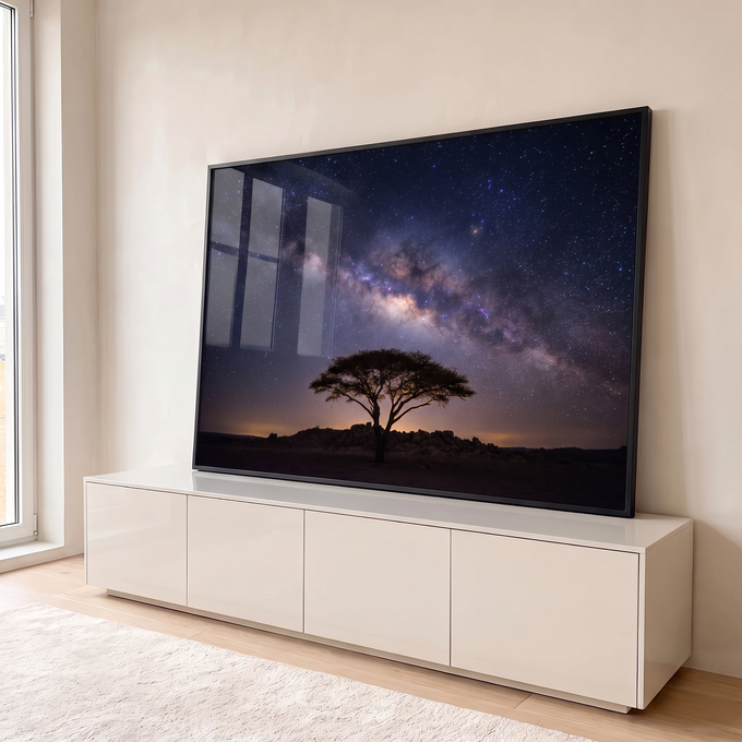 Quadro Decorativo Grande Árvore Solitária para Sala Azul | quadros decorativos para sala | árvore em silhueta sob céu estrelado com a Via Láctea visível | em Quadros para Sala | Porao dos Quadros