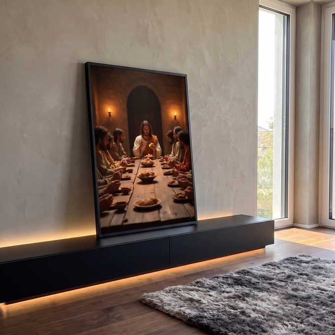 Quadro Decorativo Grande Última Ceia Jesus para Sala | quadros decorativos para sala | Jesus partindo o pão à mesa cercado por apóstolos em oração, tons terrosos | em Quadros para Sala | Porao dos Quadros
