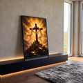 Quadro Decorativo Grande Cruz para Sala Dourado | quadros decorativos para sala | cruz de madeira com coroa de espinhos e tecido branco sobre céu dourado em chamas | em Quadros para Sala | Porao dos Quadros
