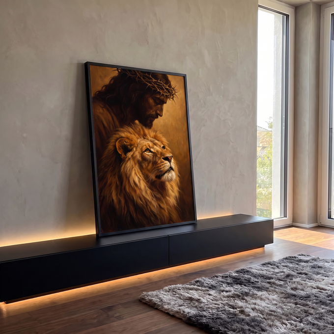 Quadro Decorativo Grande Jesus para Sala Marrom | quadros decorativos para sala | Jesus com coroa de espinhos inclinado sobre um leão dourado em pintura clássica | em Quadros para Sala | Porao dos Quadros