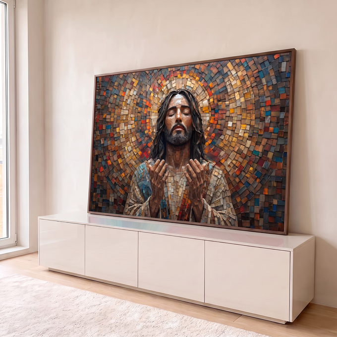 Jesus Cristo de olhos fechados e mãos abertas em mosaico de madeira colorido com halo, quadro decorativo