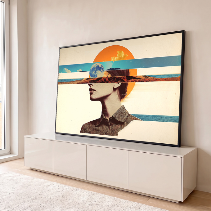 Quadro Decorativo Grande Mulher Surreal Laranja para Sala | quadros decorativos para sala | perfil feminino com deserto lua e sol em camadas horizontais estilo vintage | em Quadros para Sala | Porao dos Quadros