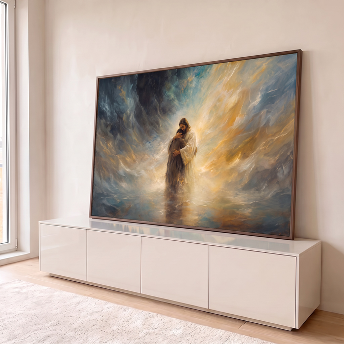 Pintura de Jesus abraçando uma pessoa sobre as águas, com luz dourada e nuvens azuis, quadro decorativo