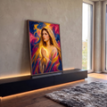 Quadro Decorativo Grande Nossa Senhora Luz Dourada para Sala | quadros decorativos para sala | mulher em oração com véu dourado e luz radiante sobre fundo abstrato colorido | em Quadros para Sala | Porao dos Quadros
