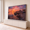 Quadro Decorativo Grande Cais ao Pôr do Sol para Sala | quadros decorativos para sala | cais ao pôr do sol com barcos, gaivotas, conchas e estrelas-do-mar em primeiro plano | em Quadros para Sala | Porao dos Quadros
