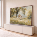 Quadro Decorativo Grande Jesus Brincando para Sala Verde | quadros decorativos para sala | Jesus brincando com duas meninas em campo dourado sob árvores | em Quadros para Sala | Porao dos Quadros