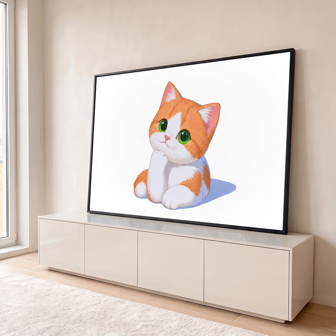 Quadro Decorativo Grande Gatinho e Branco para Quarto | quadros decorativos para sala | gatinho laranja e branco de olhos verdes com a pata no queixo | em Quadros para Quarto | Porao dos Quadros
