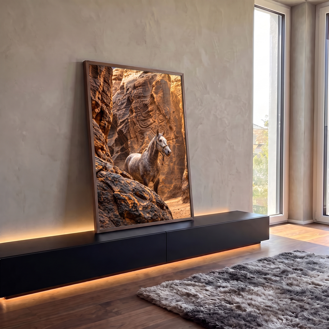 Quadro Decorativo Grande Cavalo Cinza para Sala Marrom | quadros decorativos para sala | cavalo cinza dapple entre paredões de arenito iluminados por luz dourada | em Quadros para Sala | Porao dos Quadros