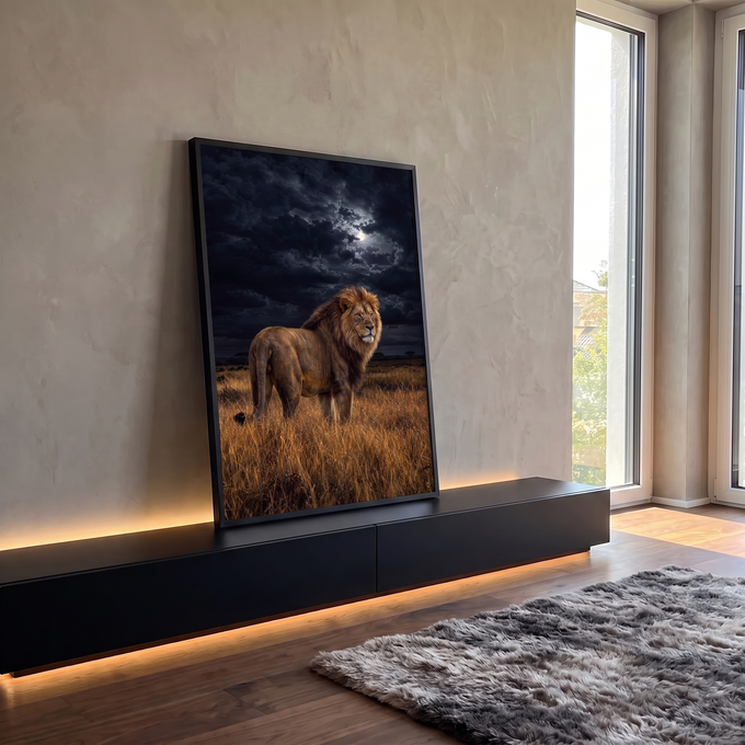 Leão de juba dourada em pé na savana sob nuvens escuras e lua cheia, quadro decorativo