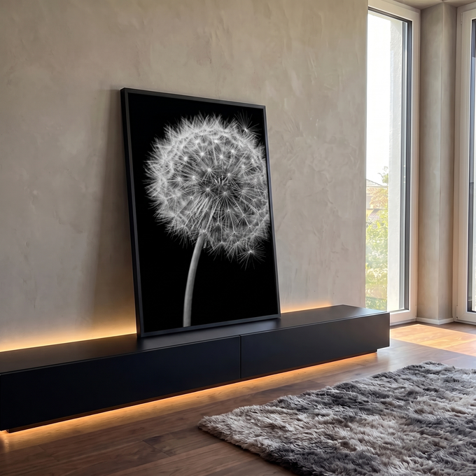 Dente-de-leão macro em preto e branco com caule curvo sobre fundo preto, quadro decorativo