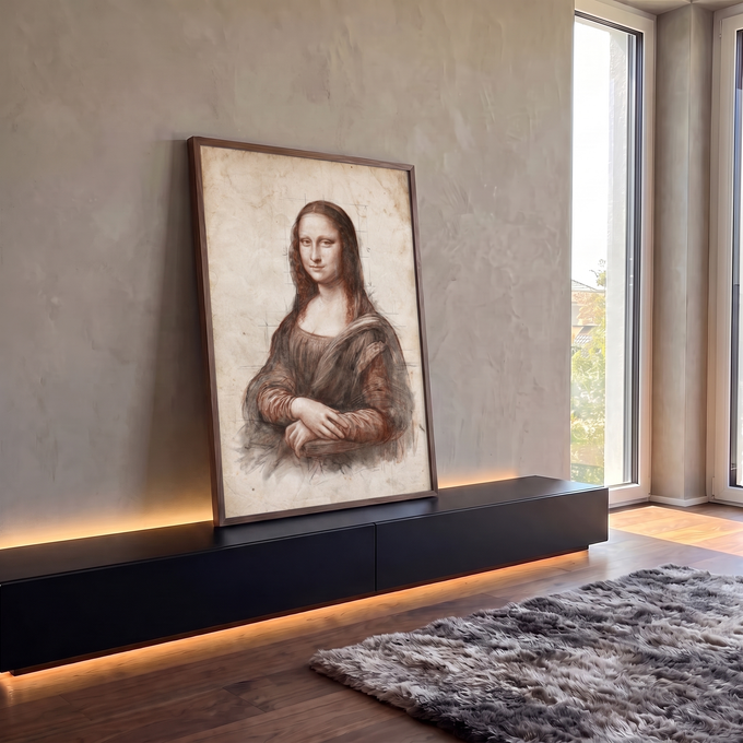 Mona Lisa desenhada em traço sépia com linhas de proporção sobre papel envelhecido bege, quadro decorativo
