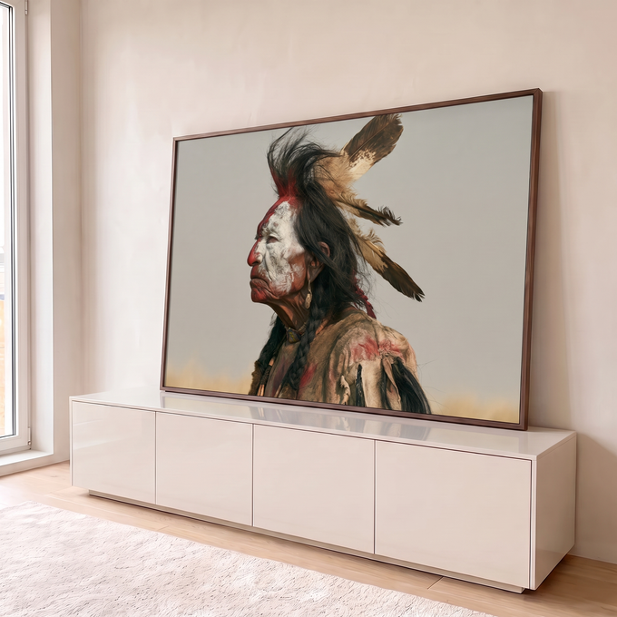 Quadro Decorativo Guerreiro Indígena de Perfil com Penas | quadros decorativos para sala | homem indígena de perfil com pintura facial vermelha e branca e penas no cabelo | em Quadros para Sala | Porao dos Quadros