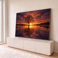 Árvore solitária em silhueta refletida no lago ao pôr do sol, céu laranja e roxo, quadro decorativo