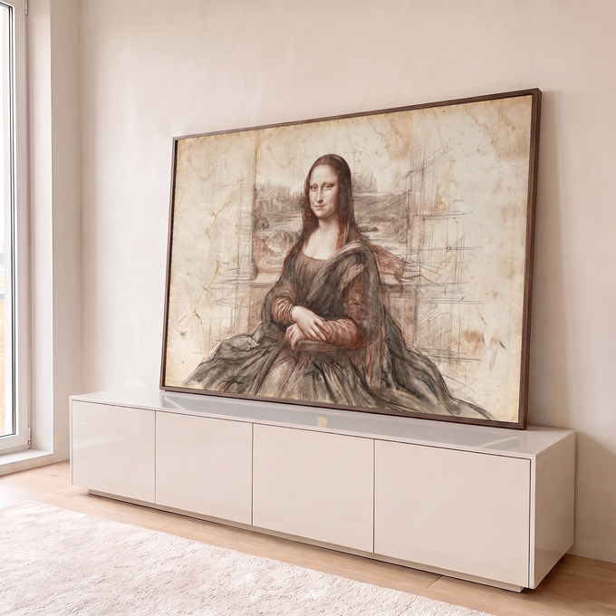 Quadro Decorativo Grande Mona Lisa Esboço para Sala Marrom | quadros decorativos para sala | esboço sépia da Mona Lisa com linhas de construção e paisagem ao fundo | em Quadros para Sala | Porao dos Quadros