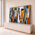 Quadro Decorativo Grande Dois Rostos Cubistas Azul para Sala | quadros decorativos para sala | dois rostos cubistas em blocos de azul, laranja, bege e branco | em Quadros para Sala | Porao dos Quadros