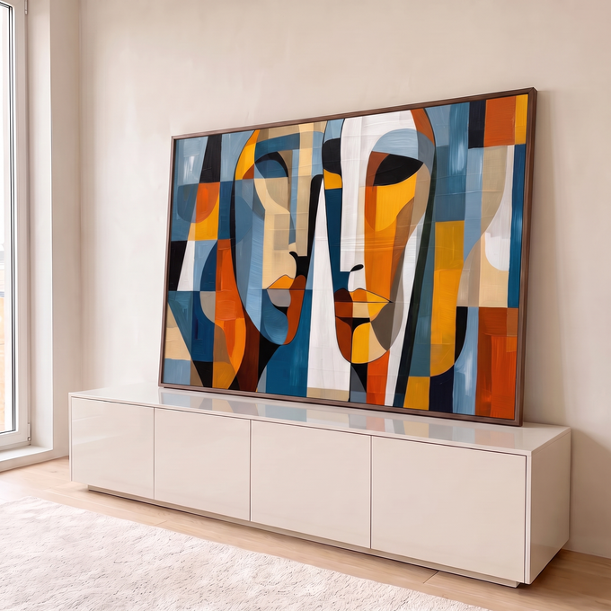 Quadro Decorativo Grande Dois Rostos Cubistas Azul para Sala | quadros decorativos para sala | dois rostos cubistas em blocos de azul, laranja, bege e branco | em Quadros para Sala | Porao dos Quadros