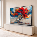 Pintura de árvore de folhas vermelhas com cavalo branco e redemoinhos azuis e laranja, quadro decorativo