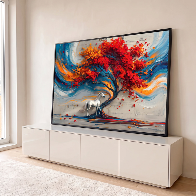 Pintura de árvore de folhas vermelhas com cavalo branco e redemoinhos azuis e laranja, quadro decorativo