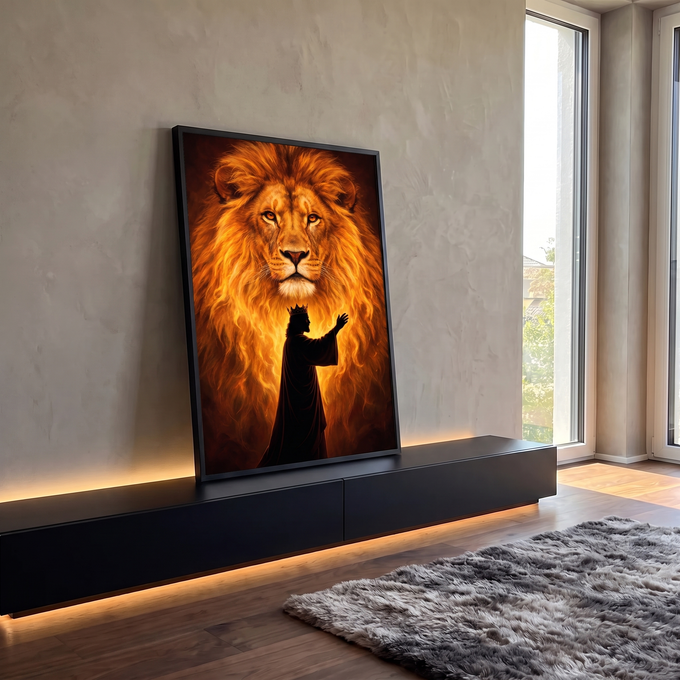 Quadro Decorativo Grande Leão Dourado para Sala Laranja | quadros decorativos para sala | leão com juba dourada e silhueta de rei coroado em tons de fogo | em Quadros para Sala | Porao dos Quadros