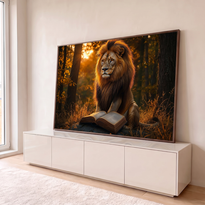 Leão de juba dourada sentado diante de Bíblia aberta em floresta ao pôr do sol, quadro decorativo