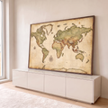 Quadro Decorativo Grande Mapa Mundi para Escritório Bege | quadros decorativos para sala | mapa-múndi antigo em tons sépia com rosa dos ventos e veleiro ilustrado | em Quadros para Escritório | Porao dos Quadros