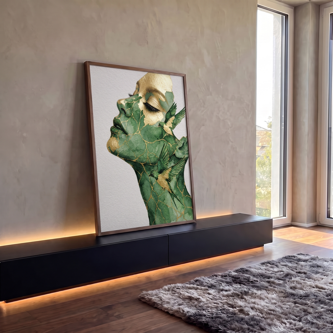 Quadro Decorativo Grande Rosto Feminino para Sala Verde | quadros decorativos para sala | rosto feminino em perfil com textura de mármore verde e veios dourados, pássaros ao redor do pescoço | em Quadros para Sala | Porao dos Quadros