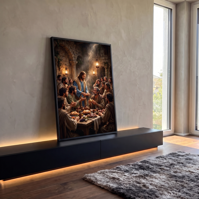 Quadro Decorativo Grande Última Ceia Jesus para Sala | quadros decorativos para sala | Jesus entregando pão aos apóstolos numa mesa iluminada por lanternas em interior de pedra | em Quadros para Sala | Porao dos Quadros