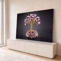 Árvore de fio dourado com folhas de ametista e quartzo rosa sobre drusa de cristal, quadro decorativo