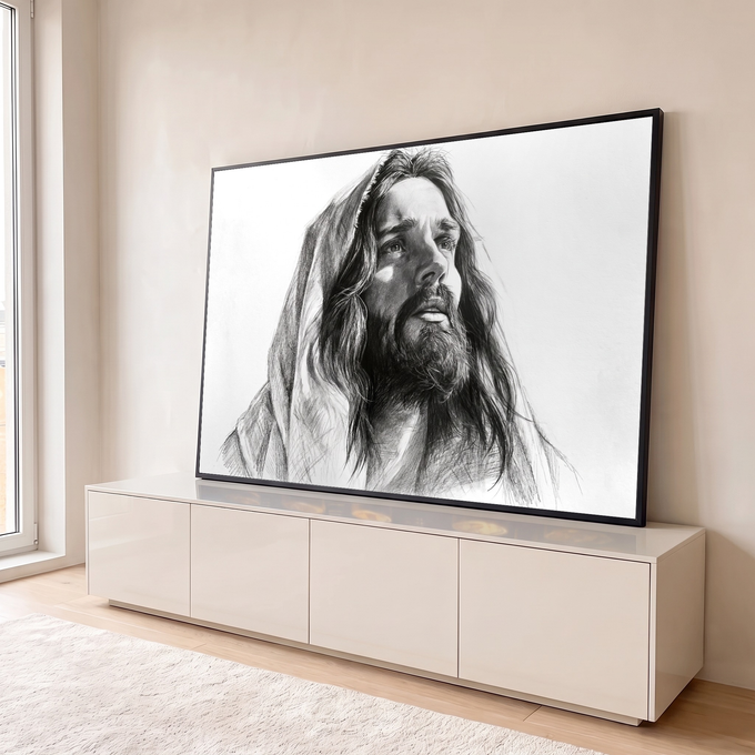 Desenho a grafite de Jesus Cristo com manto e olhar elevado em preto e branco, quadro decorativo