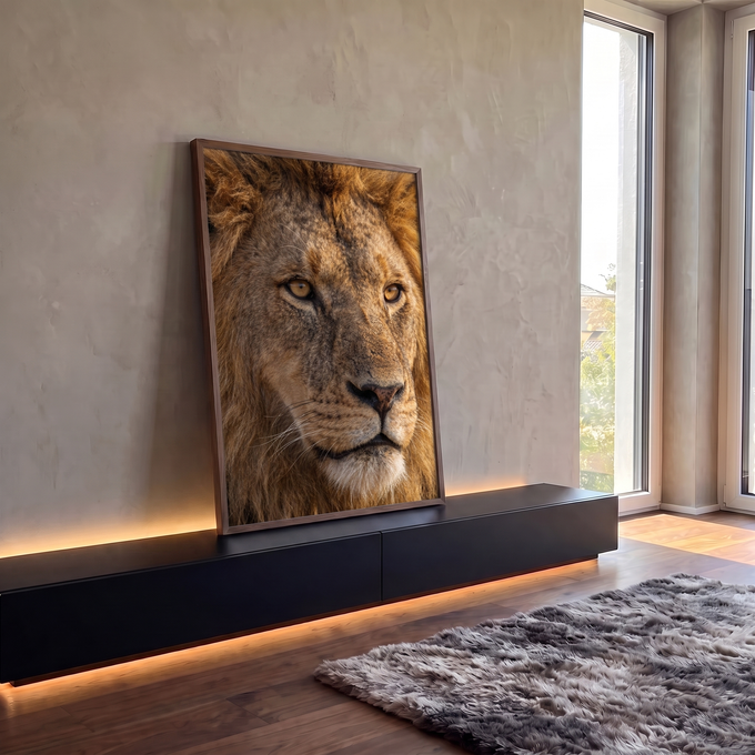 Quadro Decorativo Grande Leão Olhar para Sala Dourado | quadros decorativos para sala | close extremo do rosto de um leão com olhos âmbar e juba dourada | em Quadros para Sala | Porao dos Quadros