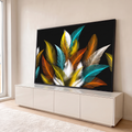 Quadro Decorativo Grande Buquê de Penas para Sala Preto | quadros decorativos para sala | penas estilizadas em dourado turquesa laranja e branco sobre fundo preto | em Quadros para Sala | Porao dos Quadros