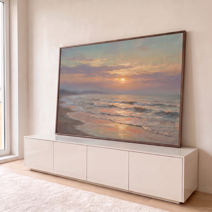 Pôr do sol sobre o mar com ondas suaves e areia molhada em pintura a óleo pastel, quadro decorativo