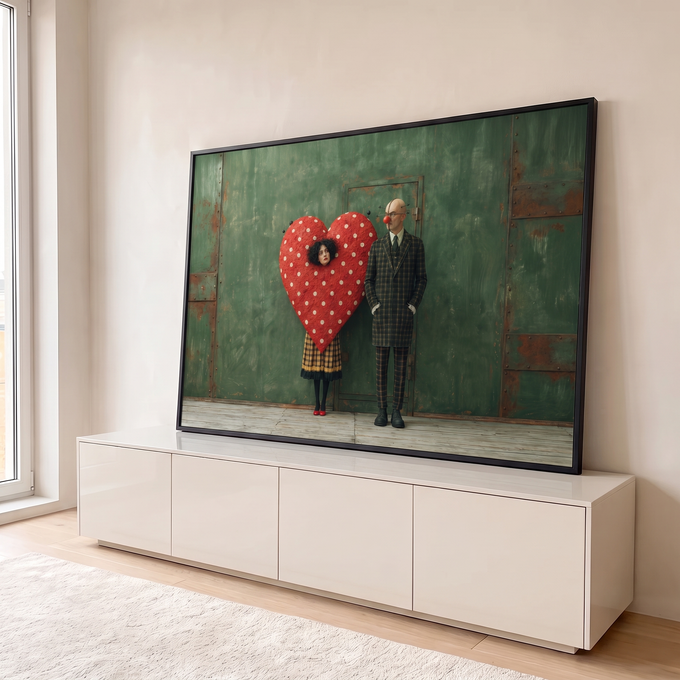 Quadro Decorativo Grande Coração Vermelho para Sala Verde | quadros decorativos para sala | mulher com cabeça saindo de coração vermelho de poá ao lado de homem com alfinetes na cabeça | em Quadros para Sala | Porao dos Quadros