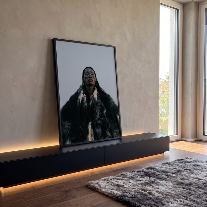 Quadro Decorativo Guerreiro Indígena com Manto de Pele | quadros decorativos para sala | homem indígena com pintura facial cinza e manto de pele contra céu claro | em Quadros para Sala | Porao dos Quadros