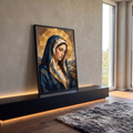 Quadro Decorativo Grande Nossa Senhora Cubismo para Sala | quadros decorativos para sala | Nossa Senhora em estilo cubista com manto azul e auréola dourada geométrica | em Quadros para Sala | Porao dos Quadros