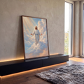 Quadro Decorativo Grande Jesus Cristo de Braços para Sala | quadros decorativos para sala | Jesus Cristo de túnica branca e braços abertos sobre nuvens com raios de luz | em Quadros para Sala | Porao dos Quadros