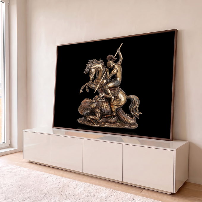 São Jorge a cavalo vencendo o dragão em escultura de bronze dourado sobre fundo preto, quadro decorativo