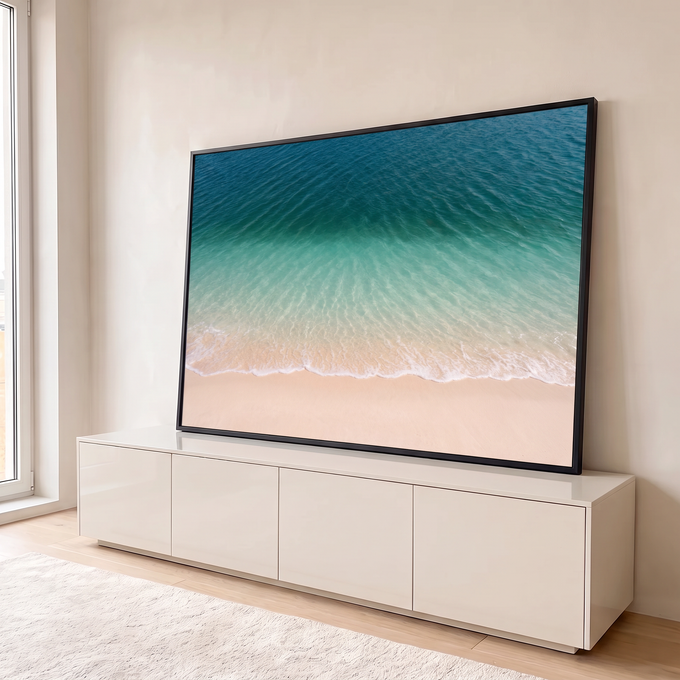 Quadro Decorativo Grande Vista Aérea de Praia Mar para Sala | quadros decorativos para sala | vista aérea de mar turquesa encontrando areia clara com espuma branca de onda | Porao dos Quadros