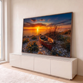 Quadro Decorativo Grande Barco Vermelho para Sala Laranja | quadros decorativos para sala | barco de madeira vermelho encalhado numa praia de pedras ao pôr do sol | em Quadros para Sala | Porao dos Quadros