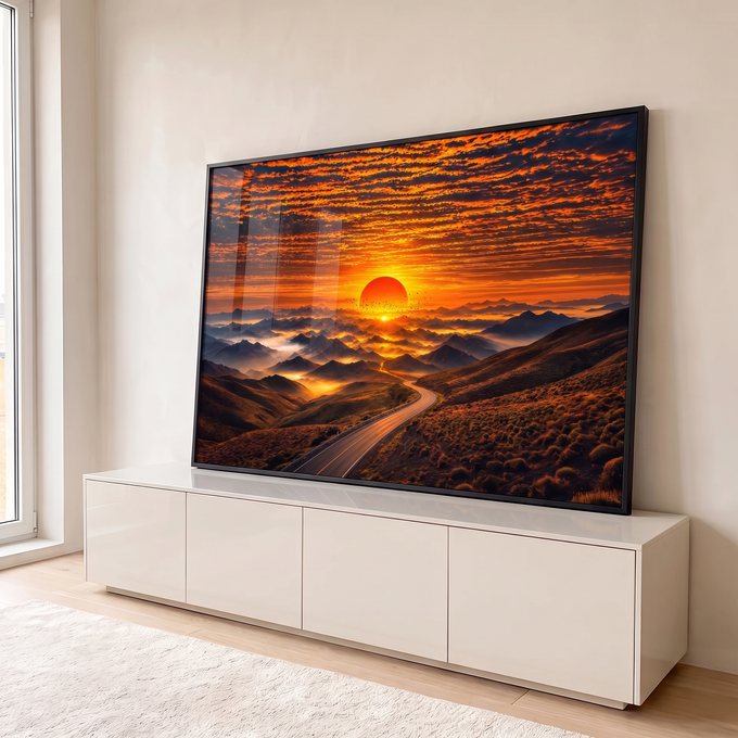Quadro Decorativo Grande Pôr do Sol Paisagem para Sala | quadros decorativos para sala | pôr do sol alaranjado sobre montanhas enevoadas com estrada sinuosa e pássaros em voo | em Quadros para Sala | Porao dos Quadros
