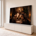 Jesus orando com os apóstolos na Santa Ceia à luz de velas, com cálice dourado e pão, quadro decorativo