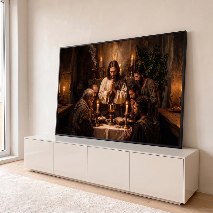 Jesus orando com os apóstolos na Santa Ceia à luz de velas, com cálice dourado e pão, quadro decorativo
