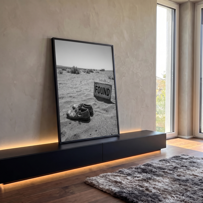 Sapatos velhos na areia do deserto com placa FOUND e carro ao fundo em preto e branco, quadro decorativo