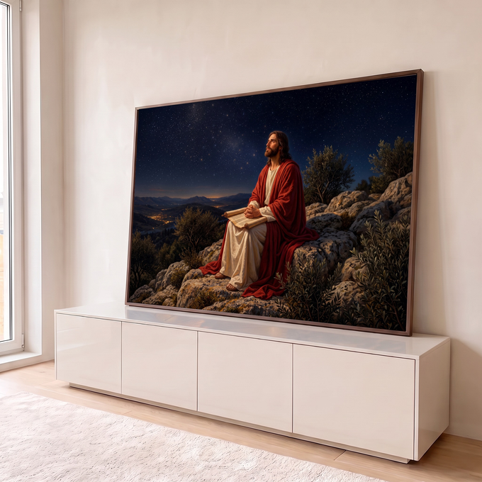 Jesus de manto vermelho sentado em rochas com pergaminho olhando o céu estrelado, quadro decorativo