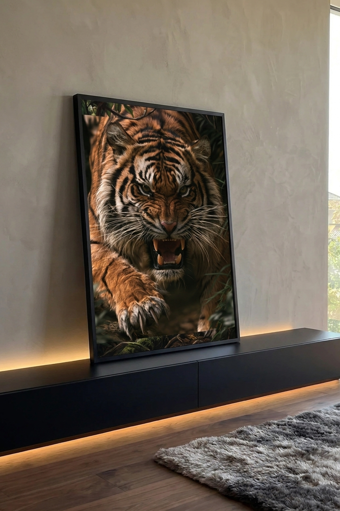 Quadro Decorativo Tigre Rosnando com Garras à Mostra | quadros decorativos para sala | tigre rosnando com presas e garras à mostra em close-up realista | em Quadros para Sala | Porao dos Quadros