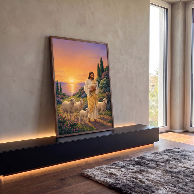 Quadro Decorativo Grande Jesus Pastor para Sala Laranja | quadros decorativos para sala | Jesus carregando um cordeiro cercado de ovelhas num campo florido ao pôr do sol | em Quadros para Sala | Porao dos Quadros