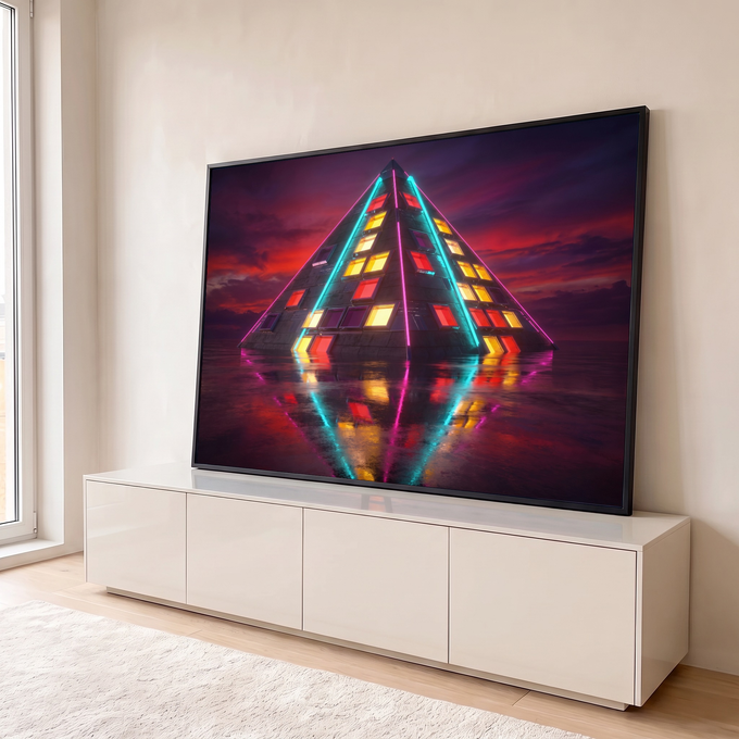 Pirâmide com neon ciano e rosa e janelas coloridas refletida na água sob céu roxo, quadro decorativo