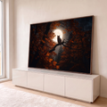 Coruja pousada em galho diante da lua cheia, cercada por folhas de outono alaranjadas, quadro decorativo