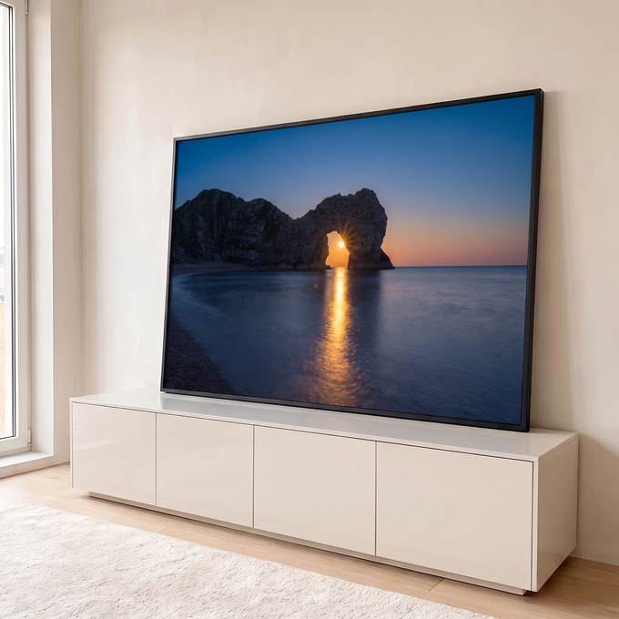 Quadro Decorativo Grande Arco de Pedra para Sala Azul | quadros decorativos para sala | arco de rocha natural com lua cheia brilhando ao entardecer sobre o mar calmo | em Quadros para Sala | Porao dos Quadros