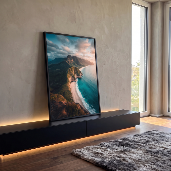 Quadro Decorativo Grande Falésia e Praia para Sala Azul | quadros decorativos para sala | vista aérea de falésia verde, praia clara e mar turquesa ao entardecer | em Quadros para Sala | Porao dos Quadros